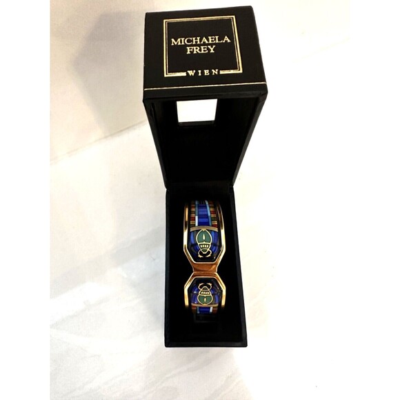 RARE Vintage Michaela Frey Wien Enamel Bracelet – Egyptian Scarab Design 24K GP - Picture 2 of 5